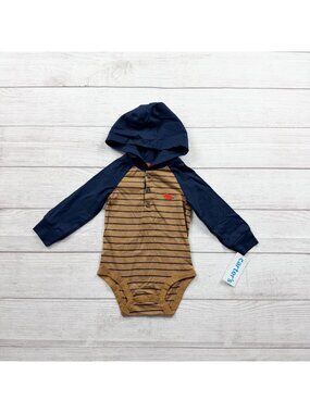 Carter’s Baby Boys Long Sleeve Striped Hooded Bodysuit Tan Navy NWT 9-12 Months